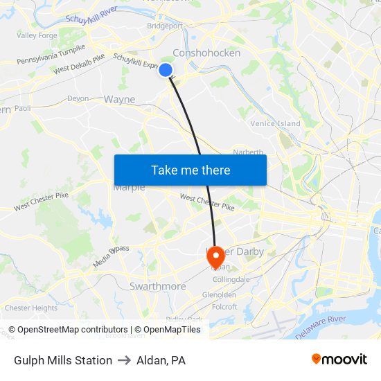 Gulph Mills Station to Aldan, PA map