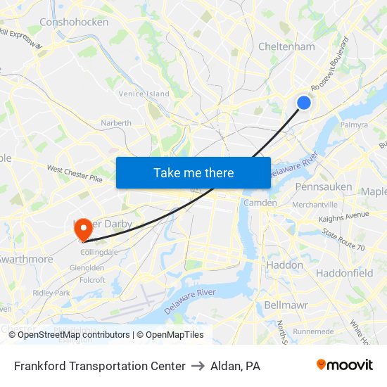 Frankford Transportation Center to Aldan, PA map