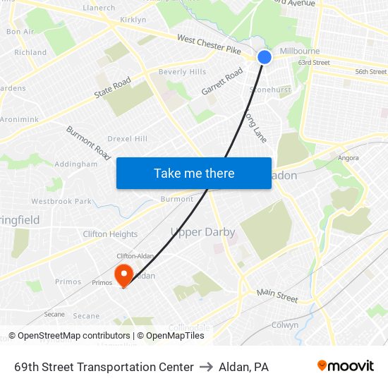 69th Street Transportation Center to Aldan, PA map