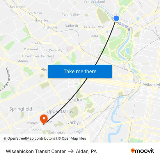 Wissahickon Transit Center to Aldan, PA map