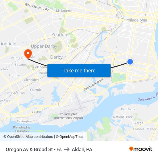 Oregon Av & Broad St - Fs to Aldan, PA map