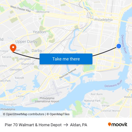 Pier 70 Walmart & Home Depot to Aldan, PA map