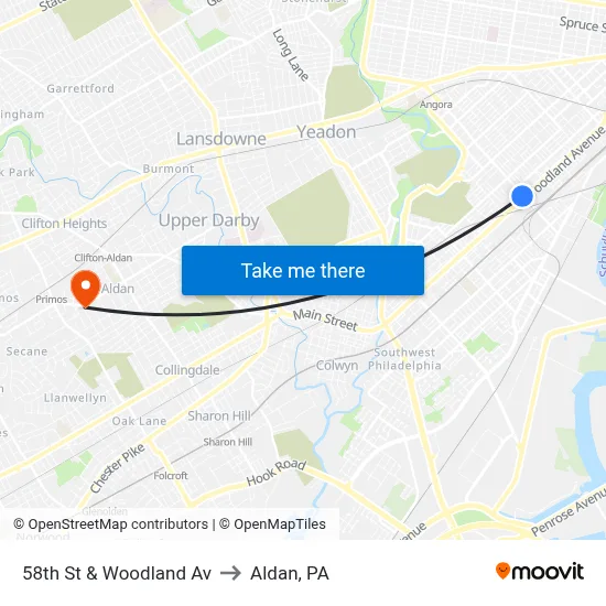 58th St & Woodland Av to Aldan, PA map