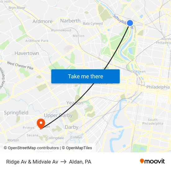 Ridge Av & Midvale Av to Aldan, PA map