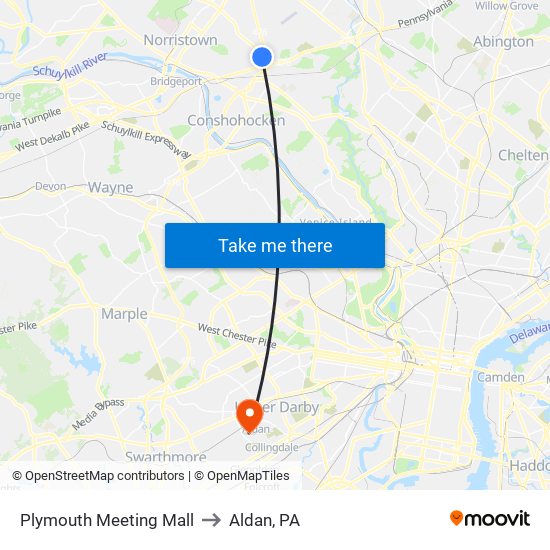 Plymouth Meeting Mall to Aldan, PA map