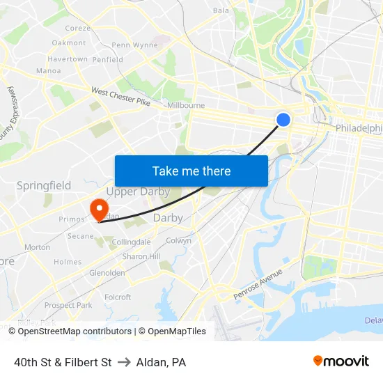 40th St & Filbert St to Aldan, PA map