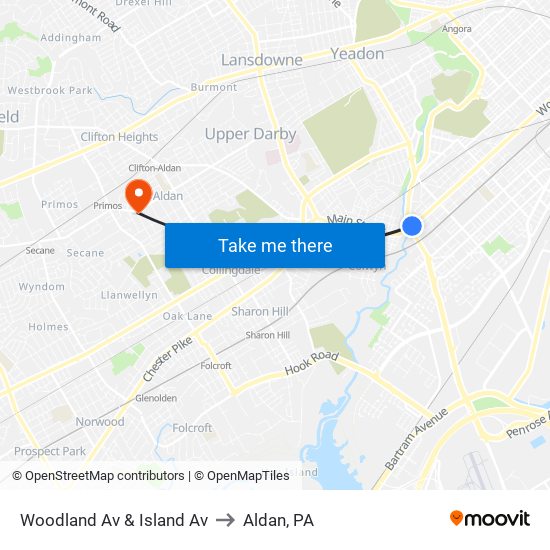 Woodland Av & Island Av to Aldan, PA map