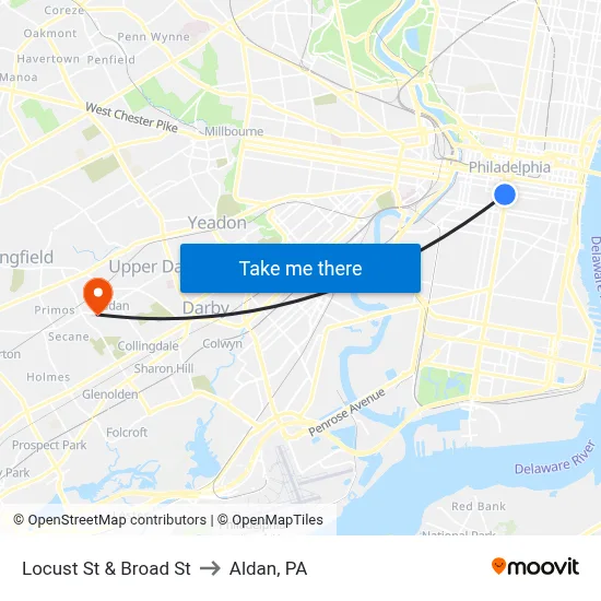 Locust St & Broad St to Aldan, PA map