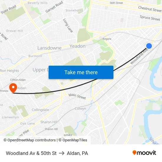 Woodland Av & 50th St to Aldan, PA map