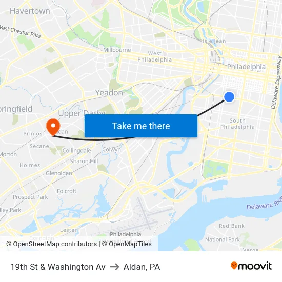 19th St & Washington Av to Aldan, PA map