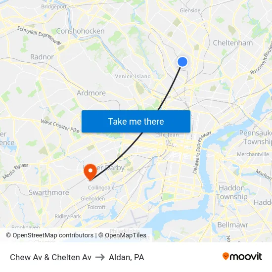 Chew Av & Chelten Av to Aldan, PA map