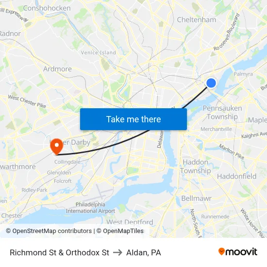 Richmond St & Orthodox St to Aldan, PA map