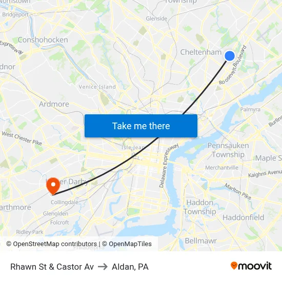 Rhawn St & Castor Av to Aldan, PA map