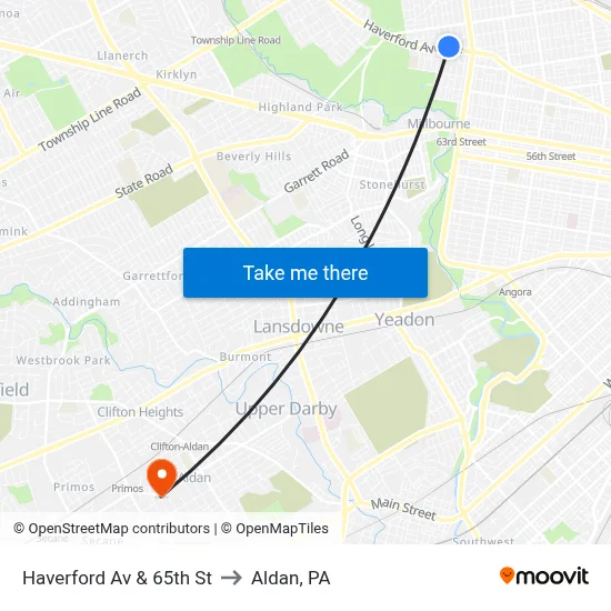 Haverford Av & 65th St to Aldan, PA map