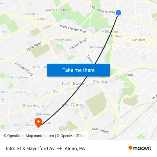 63rd St & Haverford Av to Aldan, PA map