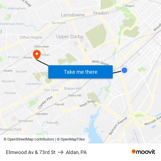 Elmwood Av & 73rd St to Aldan, PA map