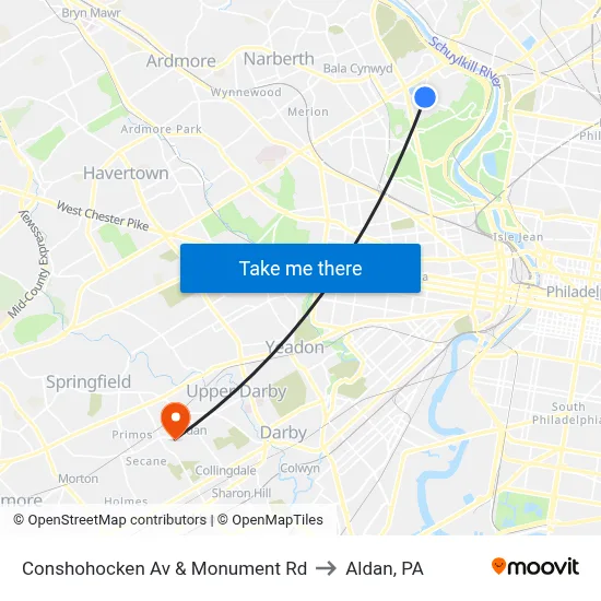Conshohocken Av & Monument Rd to Aldan, PA map