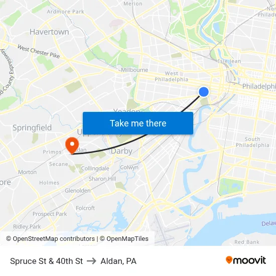 Spruce St & 40th St to Aldan, PA map