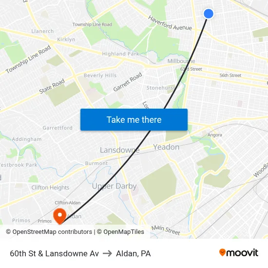 60th St & Lansdowne Av to Aldan, PA map