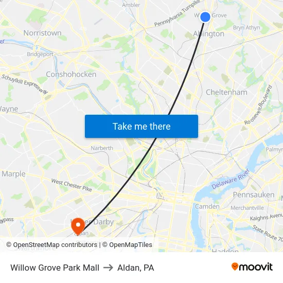 Willow Grove Park Mall to Aldan, PA map