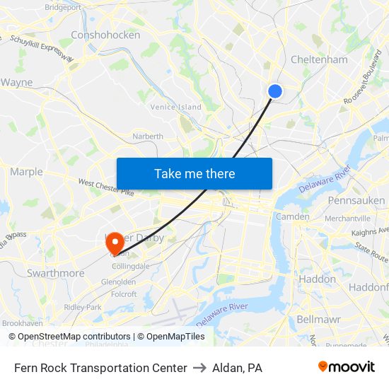 Fern Rock Transportation Center to Aldan, PA map