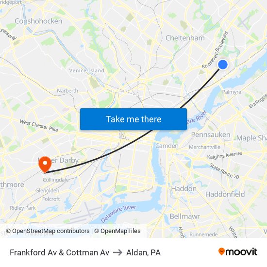 Frankford Av & Cottman Av to Aldan, PA map