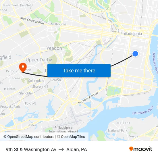 9th St & Washington Av to Aldan, PA map