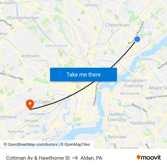 Cottman Av & Hawthorne St to Aldan, PA map