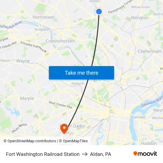 Fort Washington Railroad Station to Aldan, PA map