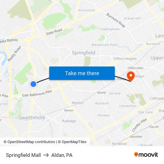 Springfield Mall to Aldan, PA map