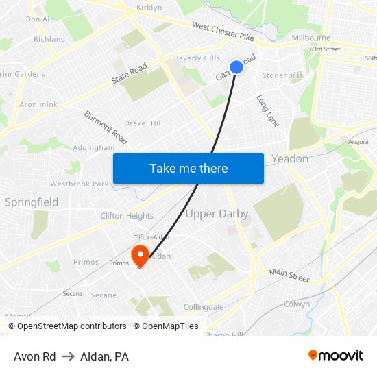 Avon Rd to Aldan, PA map