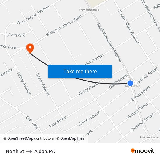 North St to Aldan, PA map