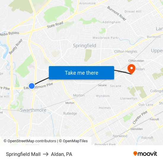 Springfield Mall to Aldan, PA map