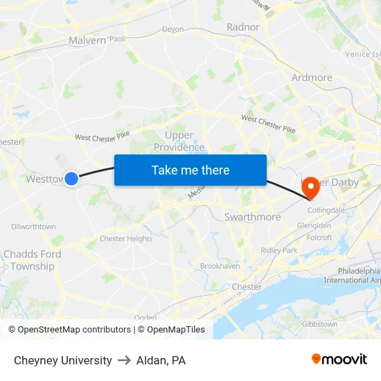 Cheyney University to Aldan, PA map