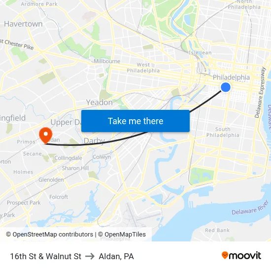 16th St & Walnut St to Aldan, PA map