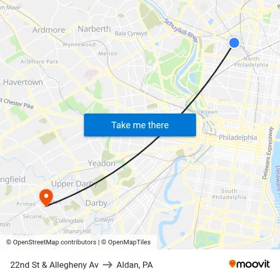 22nd St & Allegheny Av to Aldan, PA map