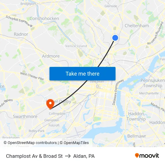Champlost Av & Broad St to Aldan, PA map