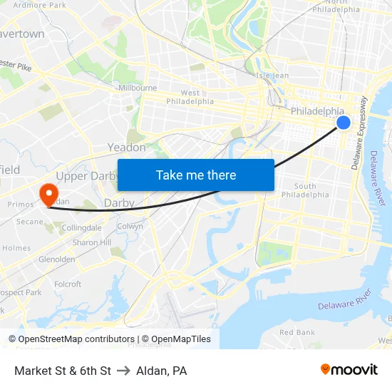 Market St & 6th St to Aldan, PA map