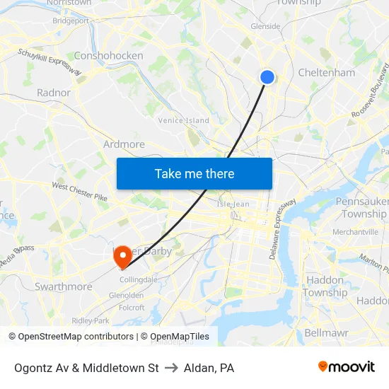 Ogontz Av & Middletown St to Aldan, PA map