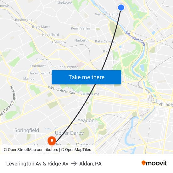 Leverington Av & Ridge Av to Aldan, PA map