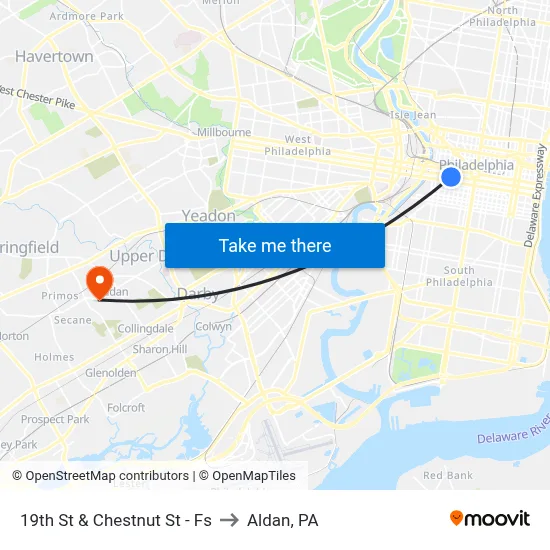 19th St & Chestnut St - Fs to Aldan, PA map
