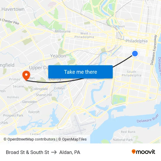 Broad St & South St to Aldan, PA map