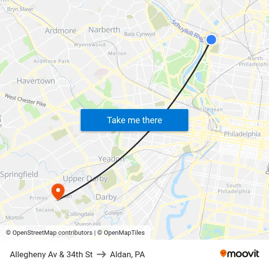 Allegheny Av & 34th St to Aldan, PA map