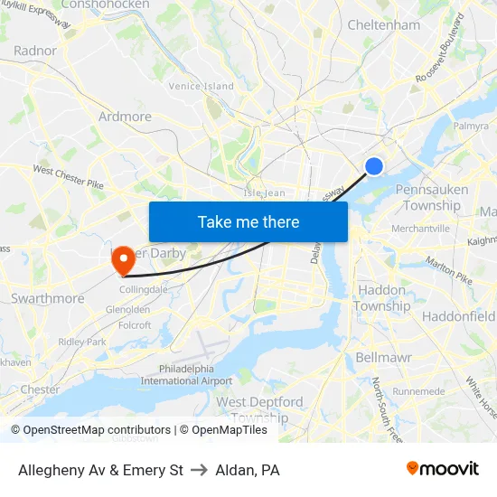 Allegheny Av & Emery St to Aldan, PA map