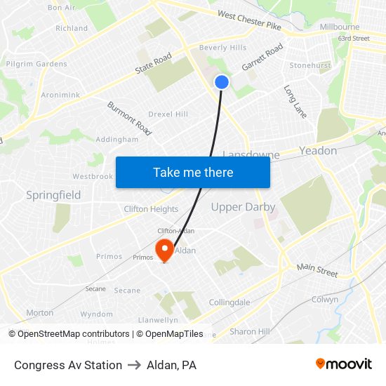 Congress Av Station to Aldan, PA map