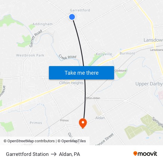 Garrettford Station to Aldan, PA map