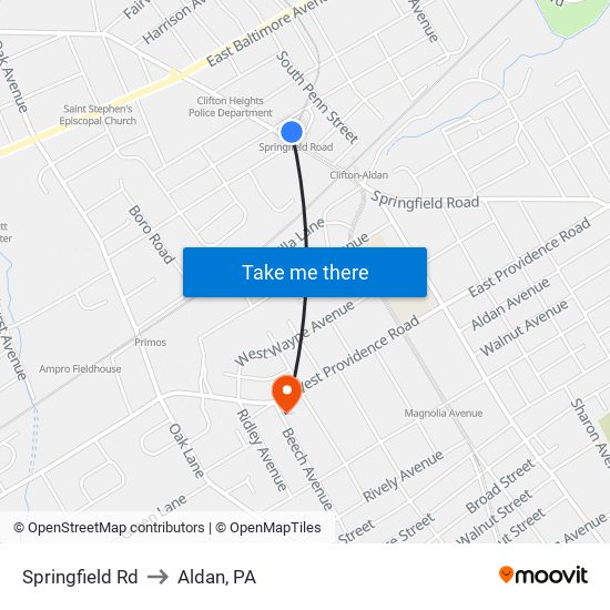 Springfield Rd to Aldan, PA map