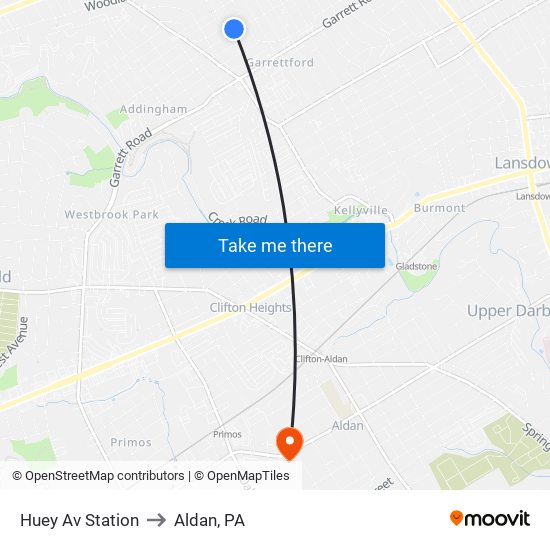 Huey Av Station to Aldan, PA map