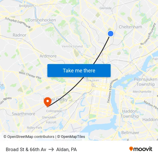 Broad St & 66th Av to Aldan, PA map