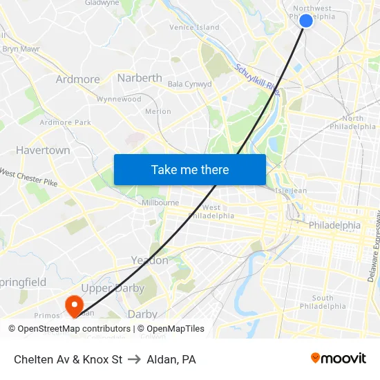 Chelten Av & Knox St to Aldan, PA map
